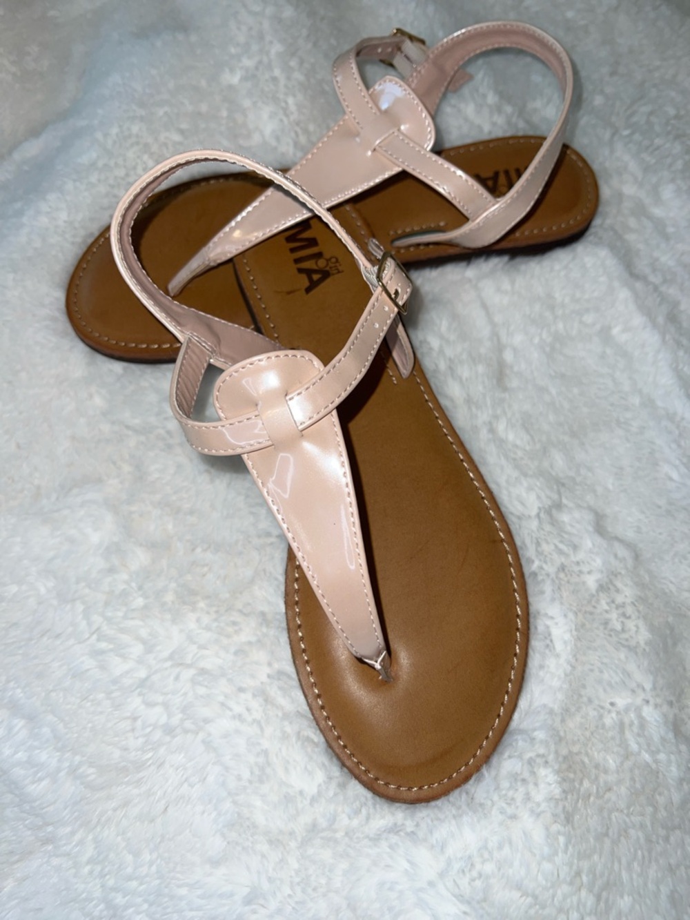 MIA Patent T-Strap Sandals in Blush Pink and Tan